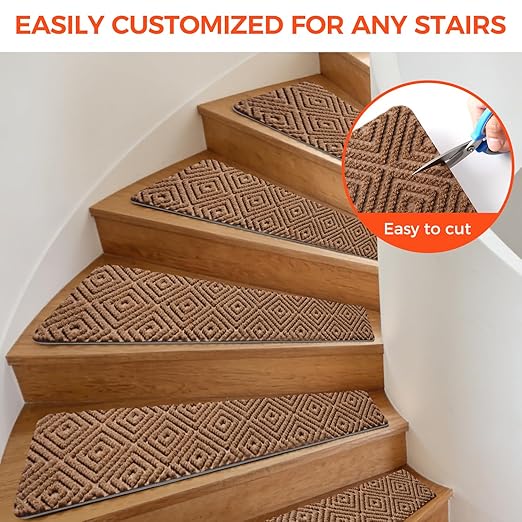 BAGAIL 15 Pack Non-Slip Stair Treads for Wooden Steps, 8"x30" Peel and Stick Carpet Stair Runners, Machine Washable Indoor Step Covers with No-Residue Adhesive for Dogs, Kids & Elderly - Brown