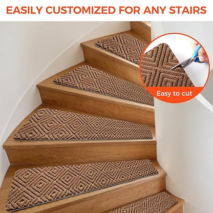 BAGAIL 15 Pack Non-Slip Stair Treads for Wooden Steps, 8"x30" Peel and Stick Carpet Stair Runners, Machine Washable Indoor Step Covers with No-Residue Adhesive for Dogs, Kids & Elderly - Brown