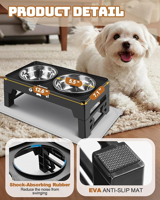 Elevated Dog Bowls with Mat for Small Dogs and Cats, Dog Feeder with 2 Thick 5.5" Stainless Steel Dishes, Non-Slip 2 Heights Adjustable to 2.6"-5.3"