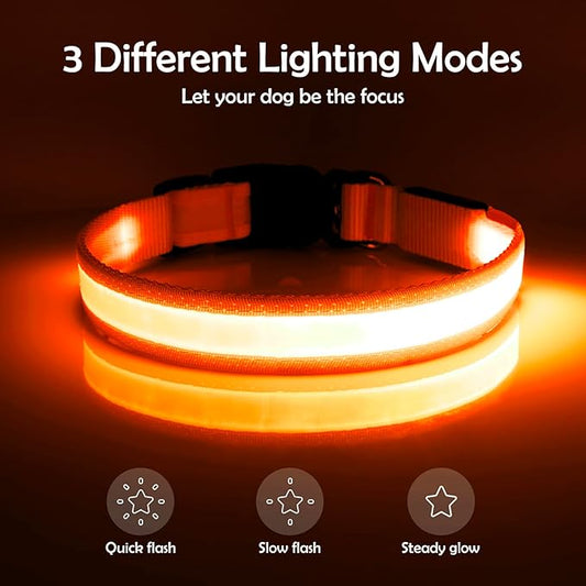 Vizpet LED Dog Collar, Light Up Dog Collar Adjustable USB Rechargeable Super Bright Safety Light Glowing Collars for Dogs(Large,Orange)