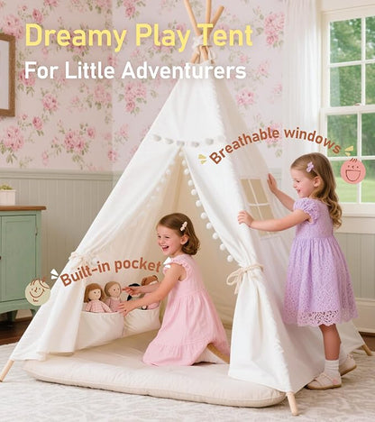 Teepee Tent with Starry Lights, Ground Mat and Pockets, Kids Teepee Tents for Indoor & Outdoor Use, Foldable Play Tents for Boys & Girls, Washable Toddler Play Tent for Birthdays & Holidays