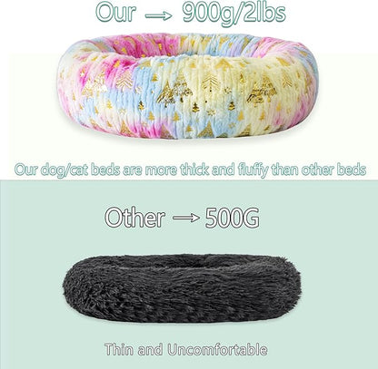 23 Inch Christmas Tree Calming Dog Bed for Small Dogs Cats, Kitty Puppy Round Anti-Anxiety Warm Bed, Soft Cozy Anti-Slip Donut Washable Pet Bed, Fits up to 30 lbs Pets