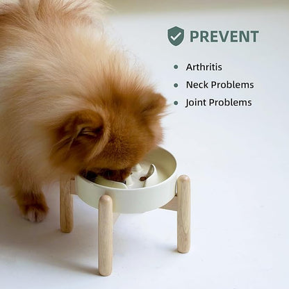 Ceramic 0.9 Cup Raised Dog Slow Feeder Set, Elevated Bowl with Wooden Stand for Small Dog and Cat, 6.1inch Puzzle Slow Dog Food Dish, Anti-Gulping(Beige, Single Bowl+ Stand)