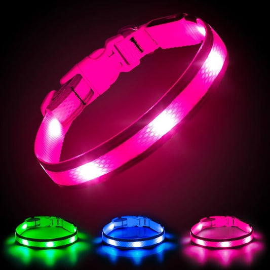 Illumifun Light Up Dog Collar, USB Rechargeable LED Dog Collar Glow in The Dark, Waterproof Reflective Dog Safety Light for Your Dogs Walking at Night (Large, Light Pink)