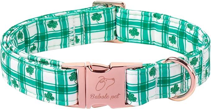 St. Patrick's Day Dog Collar, Vintage Green Plaid & Clover Lucky Dog Collars, Adjustable Heavy Duty Pet Collar for Small Medium Large Dogs with Metal Buckle XL