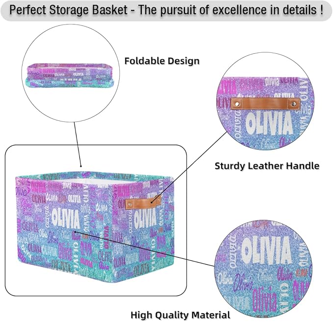Custom Rectangle Storage Basket, Personalized Name Organizer Bin for Pet/Children Toys, Books, Clothes, Perfect for Rooms/Playroom, Light Blue Purple Glitters Bling