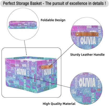 Custom Rectangle Storage Basket, Personalized Name Organizer Bin for Pet/Children Toys, Books, Clothes, Perfect for Rooms/Playroom, Light Blue Purple Glitters Bling