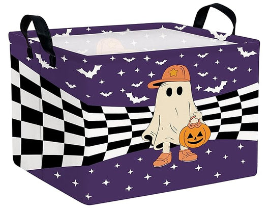 Large Halloween Themed Candy Gift Boo Basket for Kids Baby Personalized Adults Storage Bin Fall Decor(Baseball Hat Grid Spooky)