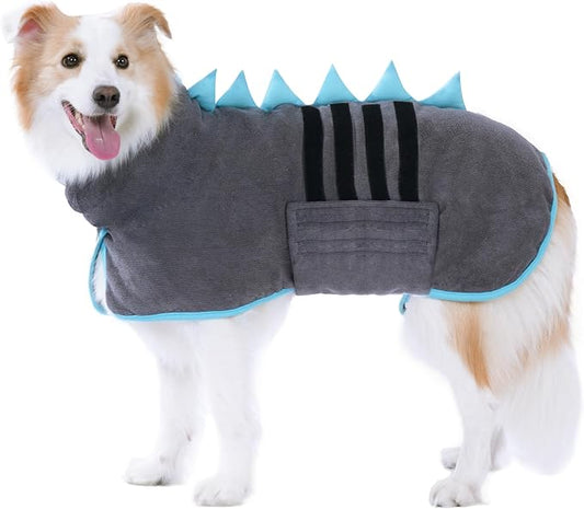 Super Absorbent Dog Bathrobe, Microfiber Bath Robe Towel for Fast Drying, Cozy Fit, Adjustable Belly Strap, Unique Dinosaur Design Dog Drying Coat for Bath, Rainy Walks & Cold Weather