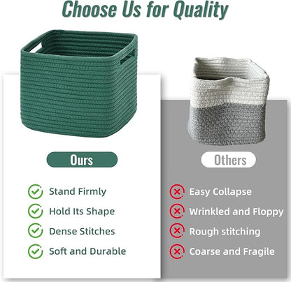 3 Pack Cube Storage Bin, 9”x9”x7” Cotton Rope Woven Baskets for Organizing Toys Clothes Towels, Square Gift Storage Baskets for Shelves, Nursery, Closet, Bathroom, Pantry (Green)