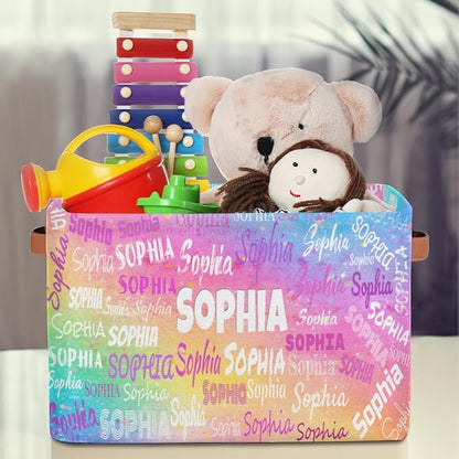 Custom Rectangle Storage Basket, Personalized Name Organizer Bin for Pet/Children Toys, Books, Clothes, Perfect for Rooms/Playroom, Watercolor Colorful Pink
