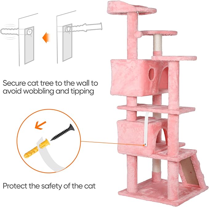 53 inches Heavy Duty Multi-Level Cat Tree Tower with Condo Furniture & Scratching Posts for Kittens Play Rest (Pink)