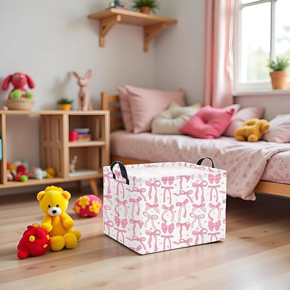 Rectangular Kids Storage Basket for Home Kitchen Girls Cute Storage Bin Organizer Shelf Book Room Decor(Pink Bowknot)