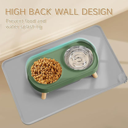 Elevated Cat Bowl with Food Mat, Raised Cat Food and Water Bowl Set for Indoor Cats, Splash Proof with 2 Stainless Steel Pet Food Bowls for Cats and Puppies,Whisker Fatigue and Dishwasher Safe (Green)