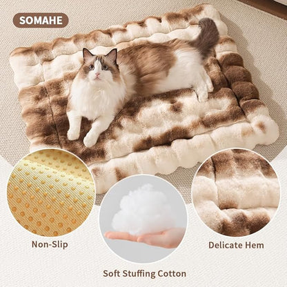 Cat Bed, Plush Faux Fur Kneading Flat Mat - Machine Washable Fluffy Pet Bed for Indoor Cats, Non-Slip Small Kitten Bed, Therapeutic Knead Cat Mat for Couch & Window Sill, 23"×15" Inch,Brown