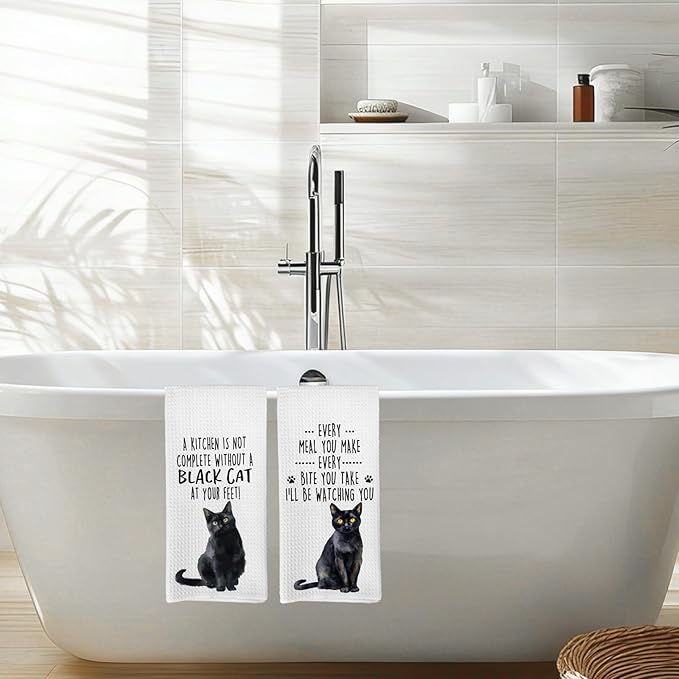 Funny Black Cat Kitchen Towels, Black Cat Mom Lady Lovers Gifts for Women Hand Towels, Gifts for Pet Lovers Dishcloths Dish Towel for Kitchen 16x24 Inches Set of 2