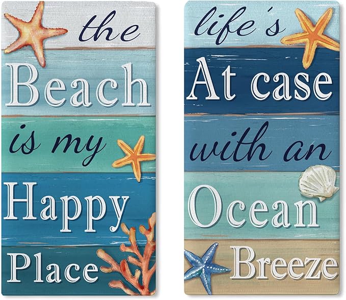 The Beach is My Happy Place Kitchen Dish Towels Set of 2, Coastal Ocean Starfish Shell Coral Drying Hand Towel Baking Cooking Cloth, Farmhouse Beach House Sea Home Decoration 18 x 26 Inches