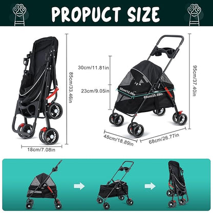 Pet Stroller for Small Dogs Cats, 360 Degree Rotatable Foldable Pet Travel Carrier Pets Strolling Cart with Visible Mesh Adjustable Canopy Cup Holder Rear Wheel Dual Brake 1 Set