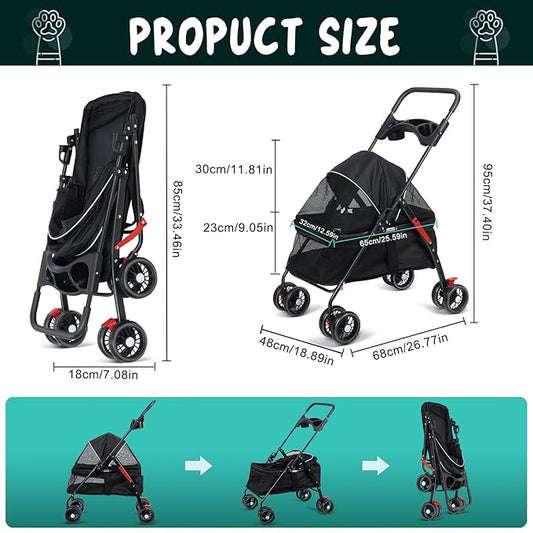 Pet Stroller for Small Dogs Cats, 360 Degree Rotatable Foldable Pet Travel Carrier Pets Strolling Cart with Visible Mesh Adjustable Canopy Cup Holder Rear Wheel Dual Brake 1 Set