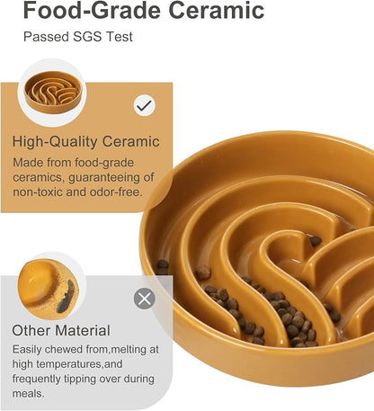 Ceramic Maze Dog Slow Feeder with Non-Slip Silicone Rim (& Bamboo Stand) – Heavy-Duty Stoneware Bowl with Puzzle Pattern for Bloating & Obesity Prevention (Raised-Orange-S)
