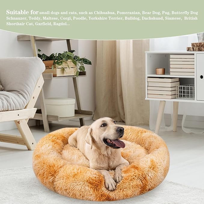 Calming Dog Bed for Big Dogs, 39'' Round Anti-Anxiety Warm Fluffy Plush Faux Fur Bed, Soft Anti-Slip Donut Washable Big Pet Bed, Cozy Big Dogs Bed, Fits up to 100 lbs Pets