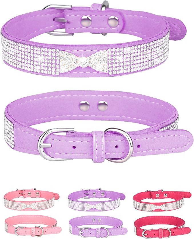 Bling Dog Collar for Small Medium Large Dogs, Crown Rhinestone Dog Collars for Girl and boy Dog, Diamond Puppy Collars, Adjustable Leather Suede SOFE Cat Collar (L(15"-18.1"/38CM-46CM), Purple2)
