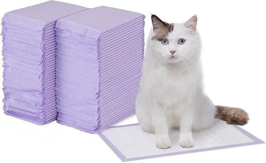 Amazon Basics Cat Pee Pads, Odor Control, Super Absorbent, Disposable, Universal Fit for Litter Box, Fresh Scent, Multi Cat, White/Purple, 80 Count