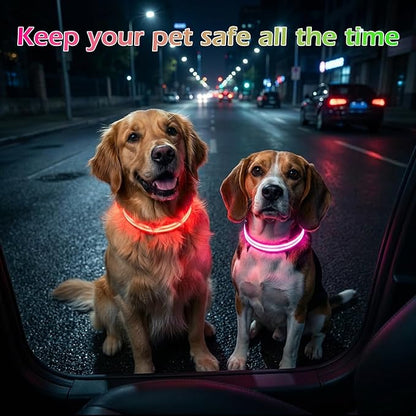 LED Light Up Dog Collar for Night Walking, Rechargeable Safety Glow Illuminated Collar with 3 Modes Flashing, Reflective Adjustable Pet Light for Small/Medium Dogs Puppy 15-19" Neck 1 Pack (Pink)