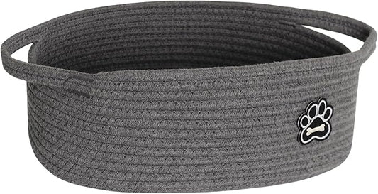 Small Dog Toy Basket, Soft Cotton Rope Dog Cat Toy Bin, Woven Storage Holder for Living Room Nursery, Cats Pet Gift Basket Empty, Decorative Wicker Storage Box with Handle, 13"x 9"x 5" (Grey)
