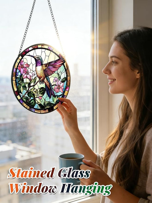 Stained Glass Window Hanging, Hummingbird Suncatcher for Door Home Decor, Birds Flowers Sun Catcher Ornament Mother's Day Birthday Gifts for Bird Lovers Women Men Mom 6.3 in