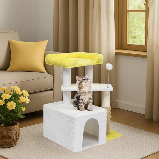 Outvita Cat Tree 27.5in Small Cat Tower, Multi-Level Cat Tree Tower with Cat Scratching Post and Pad, Cozy Cat Condo, Padded Top Bed for Kittens and Indoor Cats, Yellow & White