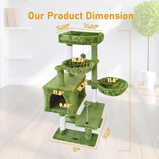 KIYUMI Cat Tree Cat Tower Condo with Sisal Scratching Post for Indoor Cats Cat Tree Cat Furniture with Hammock Perch and Kitten Ball Toys, Multi-Level Pet Activity Center Green