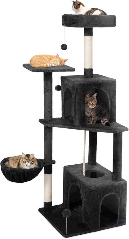 Cat Tree, 54-Inch Cat Tower for Indoor Cats, Soft Plush Multi-Level Climbing Cat Condo with Scratching Posts, Basket, Perches,2 Caves,2 Pompoms Play House for Cat(Black)