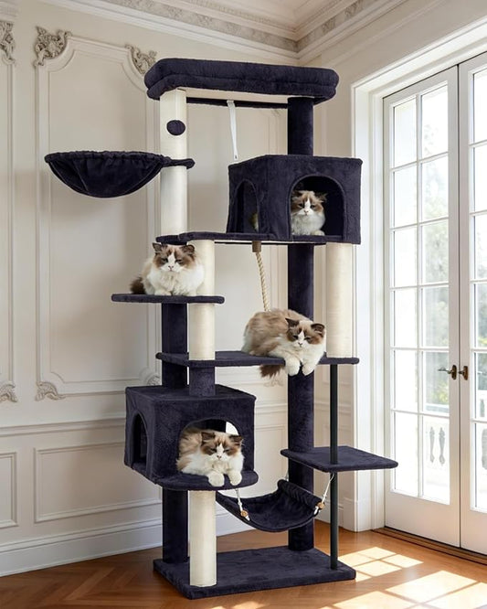 Gitelsnour Cat Tree for Indoor Cats Large Adult, 70.5'' Cat Tower with Scratching Post, Sturdy Steel Pube Cat Tree Tower with Large Playing Platfrom, Hammock and Basket, Top Perch, Drak Gray GCT024G