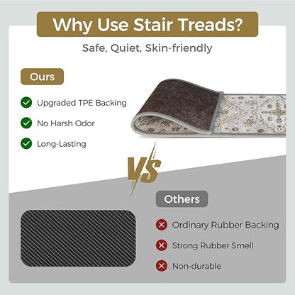 Non Slip Stair Treads for Wooden Steps 15PCS - 8"x30" Indoor Safety Carpet, Edging Mats with TPE Adhesive Backing, Pet and Elderly Friendly Stair Rugs (Grayish)