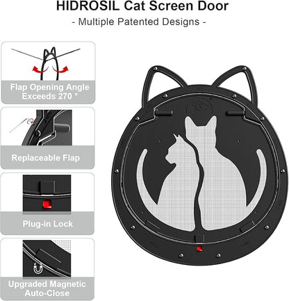 HIDROSIL Cat Door for Screen Door, Inside Openning 10x10x0.5 inch, Patent Desigh Pet Screen Door with Lockable Magnetic Flap for Doggy and Cat Door, Suitable 0-18lb Cats and Small Dogs, Black