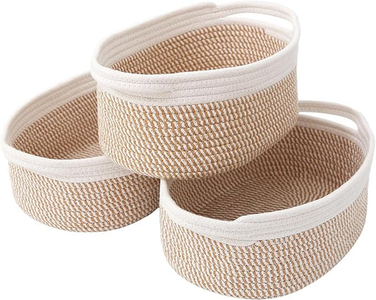 Woven Basket,Small Rope Storage Bin with Handles & Ribbon Bag, Organizer for Shelves Closets,Gift Basket Empty for Birthday,Books,Dog Toys, White&Brown Block/3 Pack