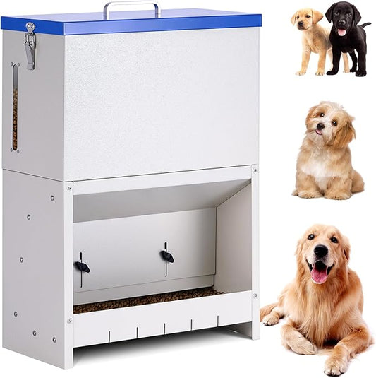 Galvanized Metal Pet Food Station for Indoor & Outdoor Use, Large Capacity Automatic Gravity Feed Dispenser Suitable for Small, Medium, and Large Dog Breeds (Blue)