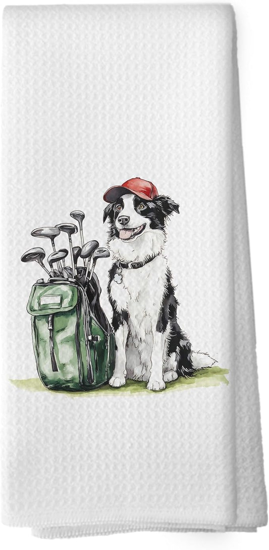 Golf Dog Kitchen Towels - Border Collie Dish Towels, Sports Gifts, Pet Golf Club Decorative Absorbent Dishcloths Hand Towels for Kitchen Gym Spa Decor 16x24 Inches
