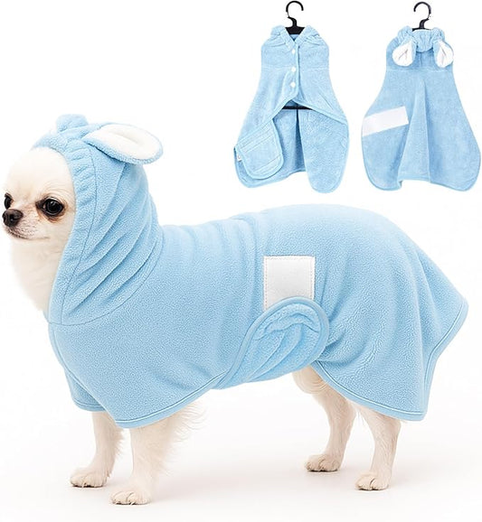 Pet Bathrobe Towel Dog Cat Drying Coat Super Absorbent Cute Dogs Bath Towel Hooded Robe Adjustable Collar & Belly Strap for XSmall to XLarge Pets (Blue, X-Small)