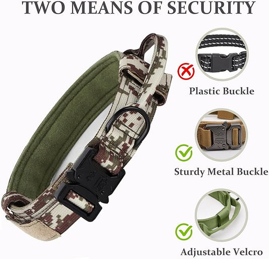 Tactical Dog Collar, Adjustable Military Training Nylon Dog Collar with Control Handle and Heavy Quick-Release Metal Buckle for Small Medium Large Dogs, Camo L
