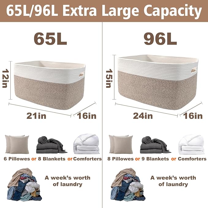 Woven Blanket Basket,96L Large Storage Bin for Blankets Toys Clothes,Decorative Rope Basket for Living Room Bedroom with Handles, White&Oatmeal