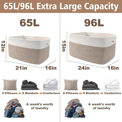 Woven Blanket Basket,96L Large Storage Bin for Blankets Toys Clothes,Decorative Rope Basket for Living Room Bedroom with Handles, White&Oatmeal