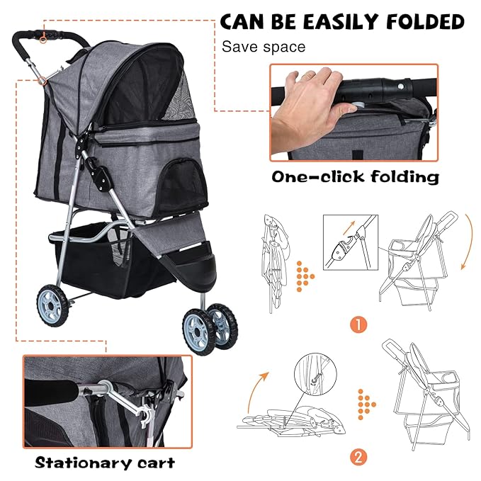 Dog Stroller for Small Dogs,Pet Stroller Strolling Cart Folding Pet Gear Lightweight Waterproof with Storage Basket for Puppy Small Medium Dogs Cats for Travel,Grey