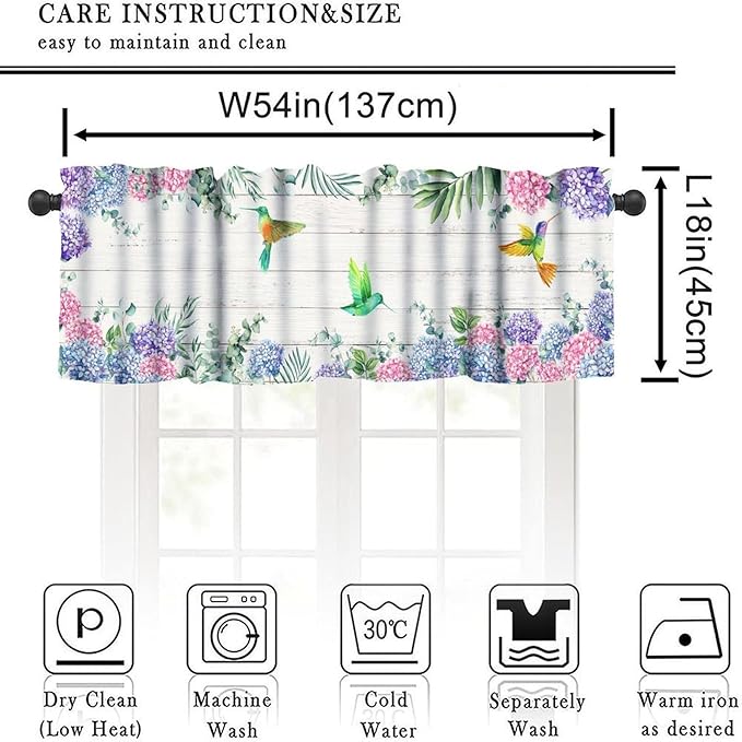 Vintage Boho Flower Valance Curtains, Watercolor Hydrangea Floral Butterfly Spring Bird Board Pink Blue Wildflower Window Valance Curtain for Farmhouse Bedroom Living Room Kitchen 54x18inch