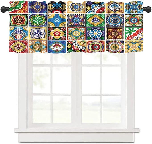 Mexican Style Valances Curtain for Kitchen Cafe, Tiles Print Colorful Flowers Leaves Swirl Pattern Window Treatment Valances Short Curtains Rod Pocket Drape for Dining Room Home Decor, 54x18inch