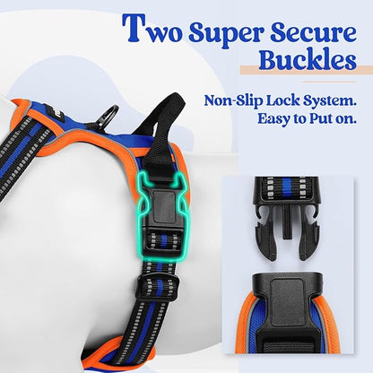 rabbitgoo Dog Harness No Pull with 2 Leash Clips, Adjustable Soft Padded, Reflective Oxford No Choke Pet Vest with Easy Control Handle for Large Dogs, Blue & Orange, L