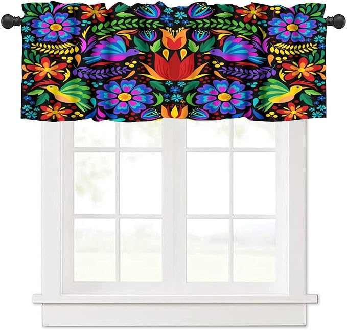 Mexico Valances Curtain for Kitchen, Mexican Folk Art Traditional Flower Pattern Window Treatment Valances Short Curtains Rod Pocket Drape for Dining Room Home Farmhouse Decor, 54x18inch