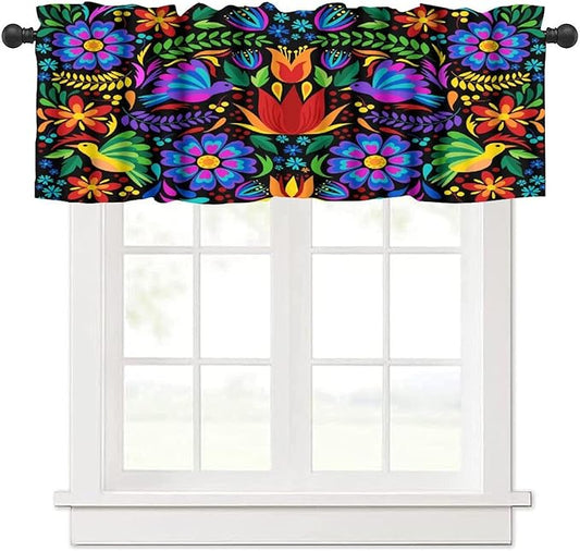 Mexico Valances Curtain for Kitchen, Mexican Folk Art Traditional Flower Pattern Window Treatment Valances Short Curtains Rod Pocket Drape for Dining Room Home Farmhouse Decor, 54x18inch