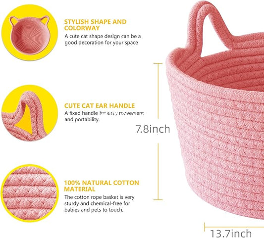 Large Cat Ears Toy Organizer, Woven Cotton Rope Basket, Decorative Nursery Bins & Boxes Gift Basket Empty for Baby Pet Toy Storage